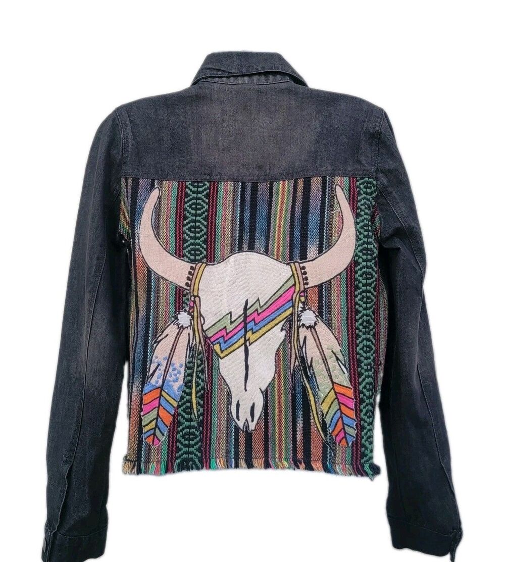 Judith March Embroidered Denim Jacket Sz S Cow skull Aztec Print Boho Festival